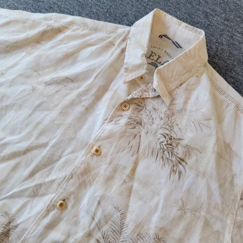 Tommy Bahama Shirt Men's Medium Beige 100% Linen Relax Button Up Short Sleeve
